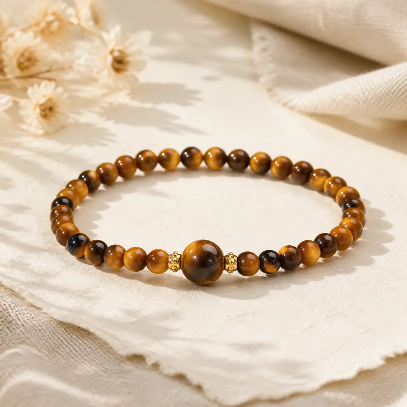 Tiger Eye Black Obsidian Courage Beads Bracelet featuring Tiger Eye, Black Obsidian, Super Seven Crystal