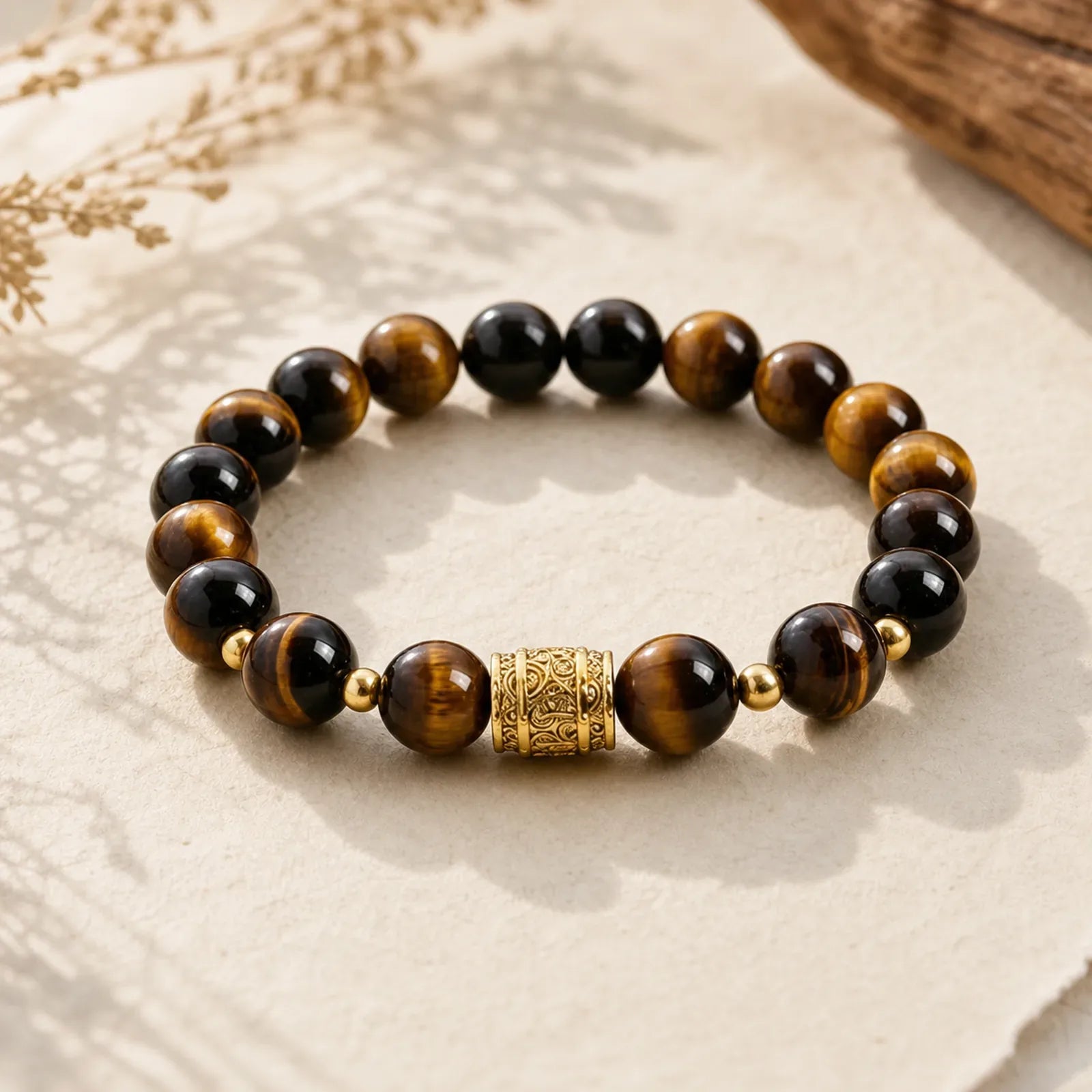 Tiger Eye Black Obsidian Courage Beads Bracelet featuring Tiger Eye, Black Obsidian, Copper