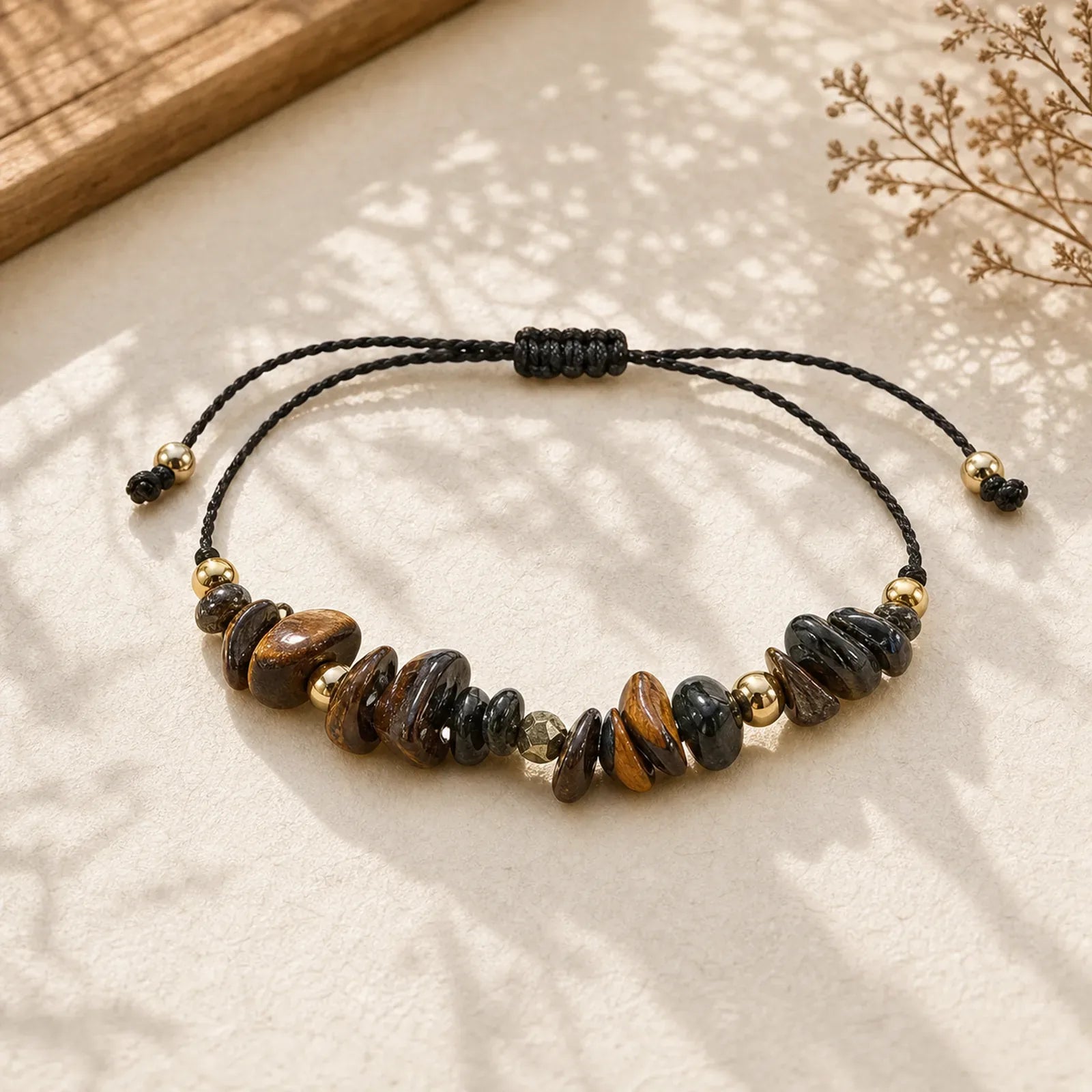 Tiger Eye Black Tourmaline Pyrite Protection Card Rope Bracelet featuring Tiger Eye, Tourmaline, Pyrite