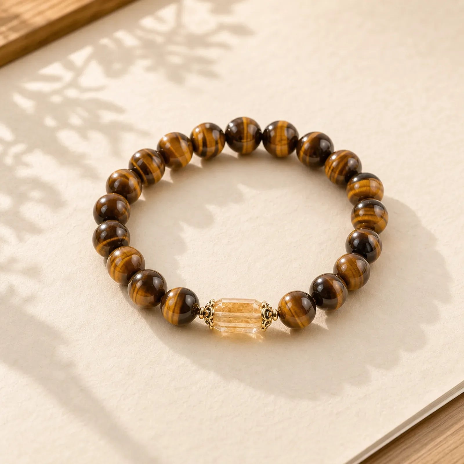 Tiger Eye Citrine Bead Strength Bracelet featuring Tiger Eye, Citrine, Copper