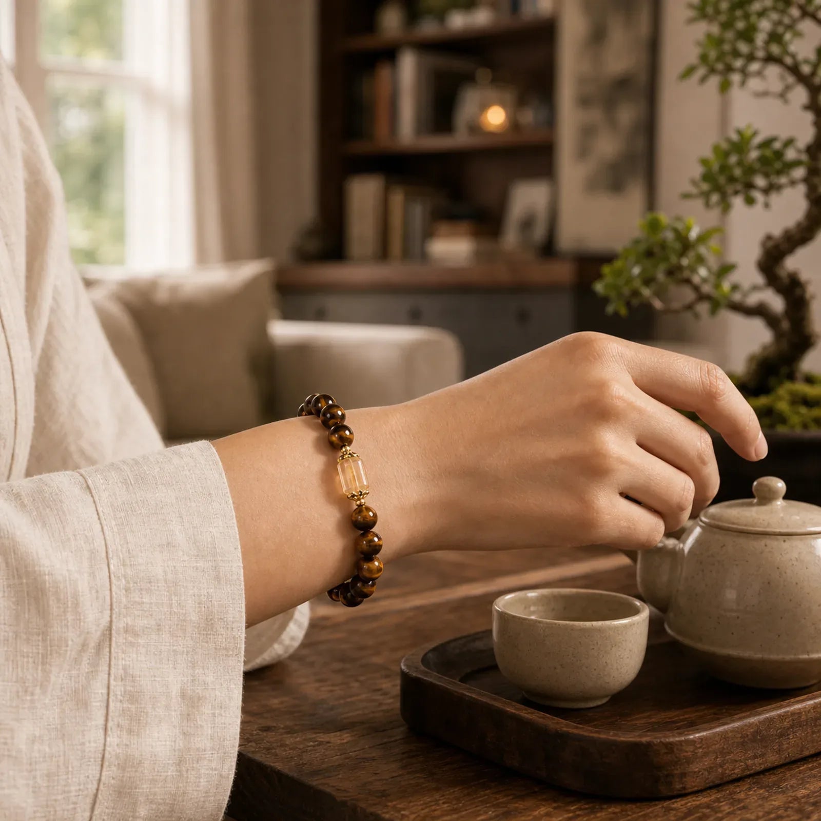 Tiger Eye Citrine Bead Strength Bracelet featuring Tiger Eye, Citrine, Copper