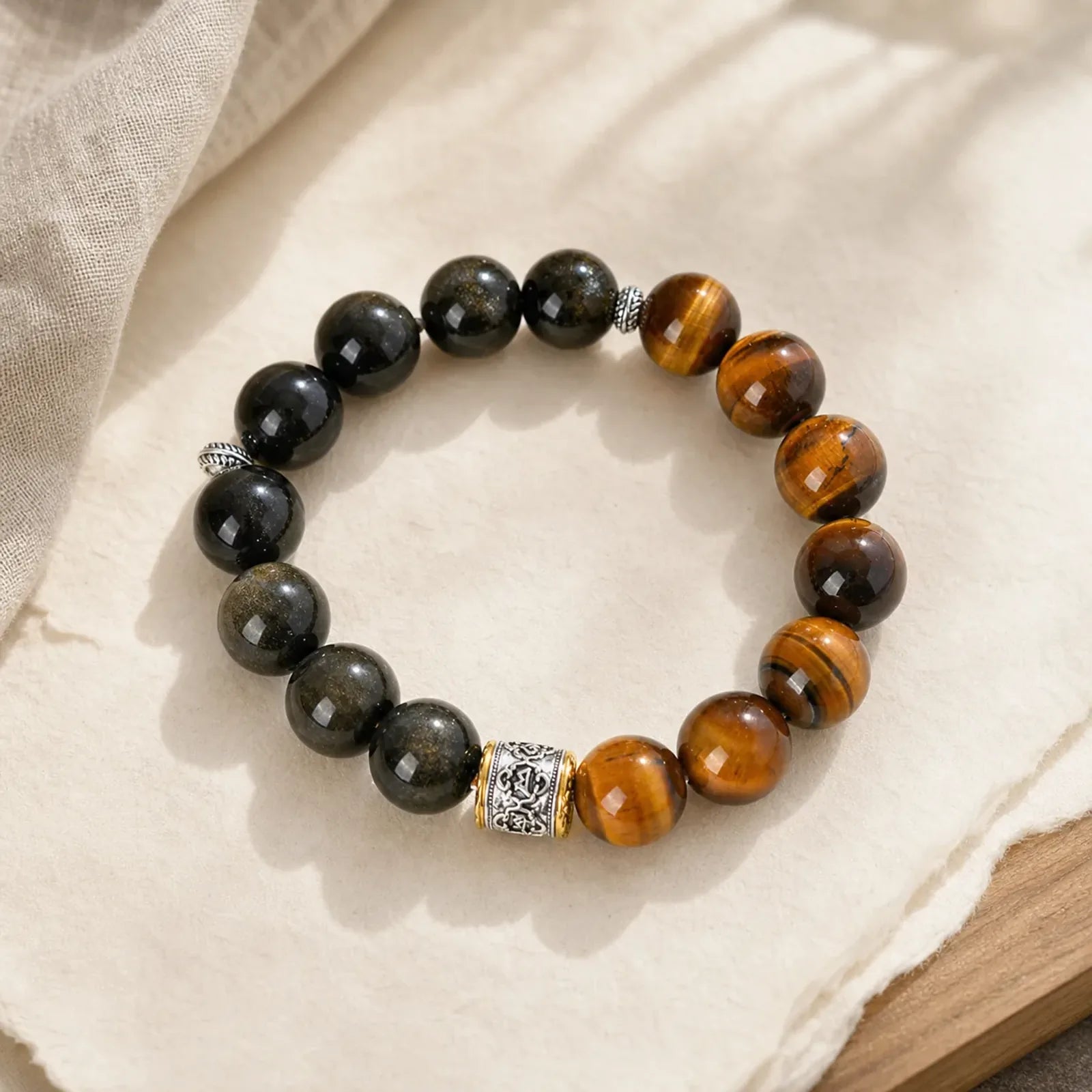 Tiger Eye Gold Sheen Obsidian Om Mani Padme Hum Bracelet featuring Tiger Eye, Gold Sheen Obsidian, Obsidian