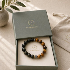 Tiger Eye Gold Sheen Obsidian Om Mani Padme Hum Bracelet featuring Tiger Eye, Gold Sheen Obsidian, Obsidian