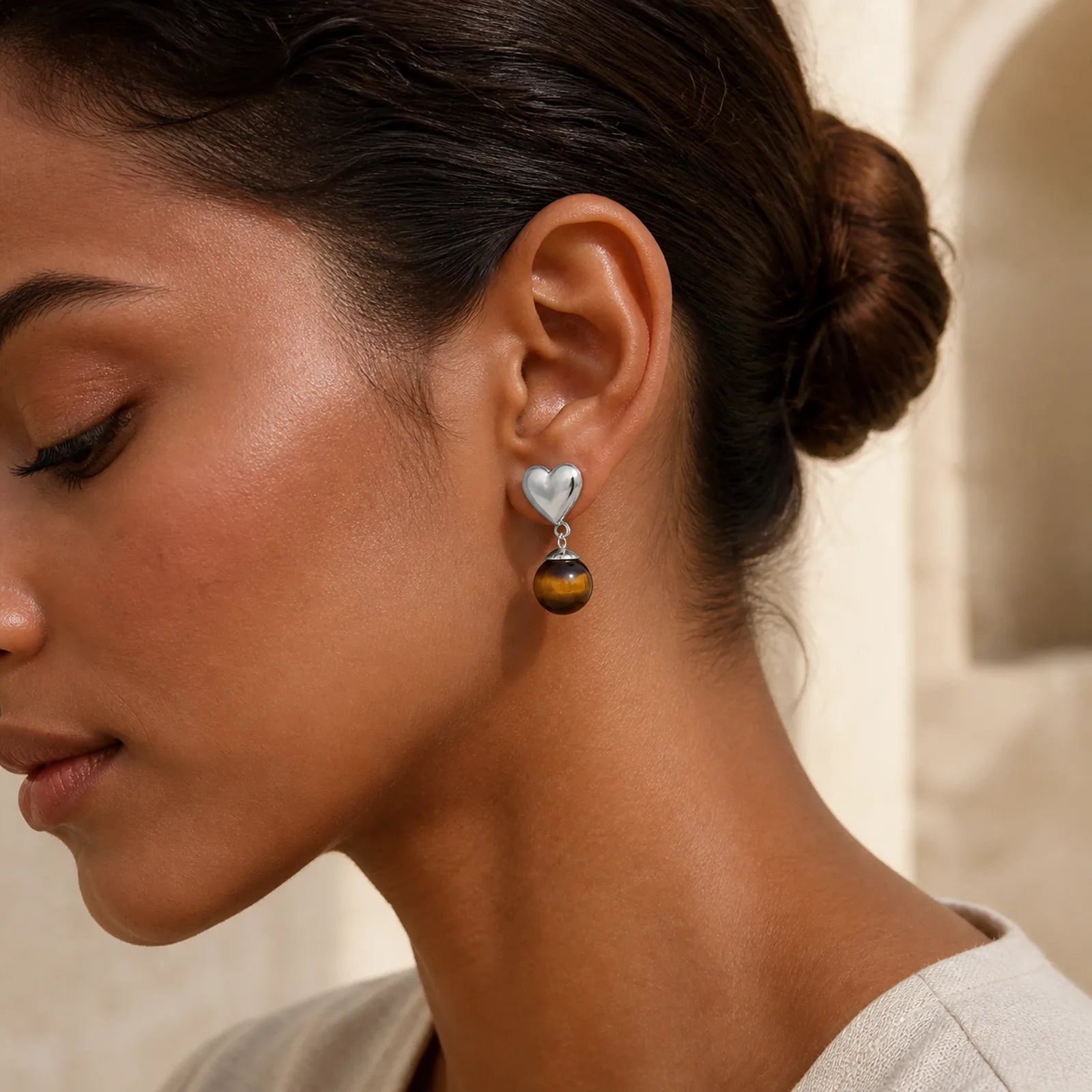 Tiger Eye Heart Design Copper Courage Earrings featuring Tiger Eye, Copper