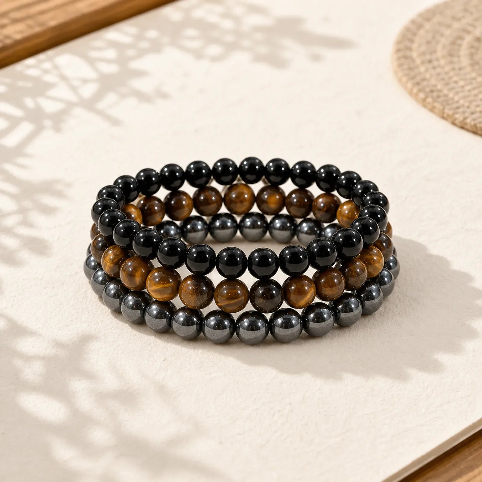 Tiger Eye Hematite Black Onyx Beaded Strength Bracelet featuring Tiger Eye, Hematite, Black Onyx