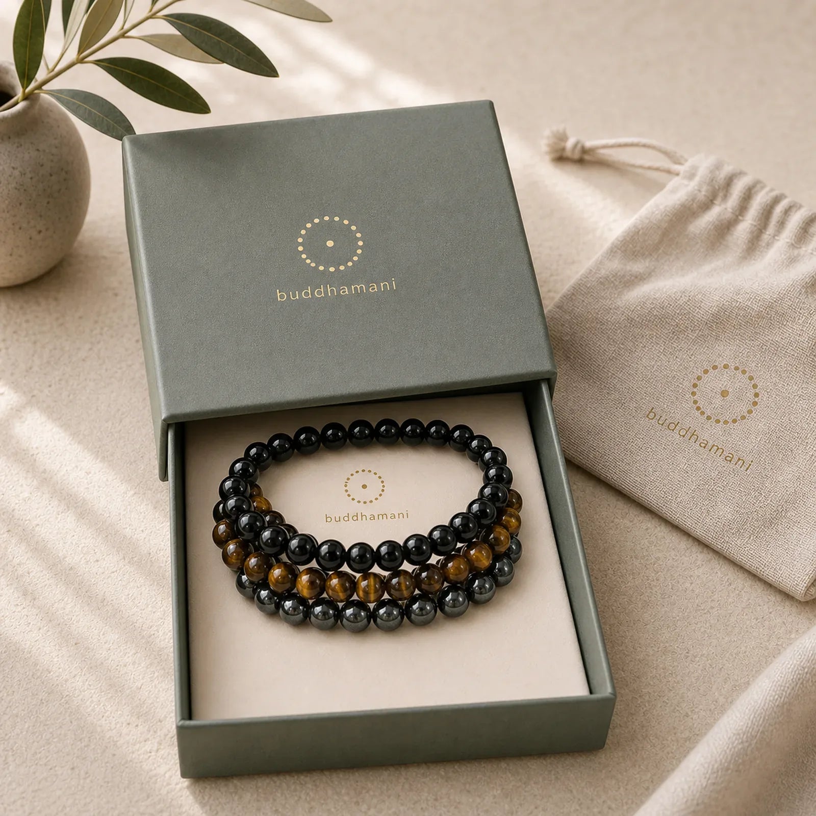 Tiger Eye Hematite Black Onyx Beaded Strength Bracelet featuring Tiger Eye, Hematite, Black Onyx