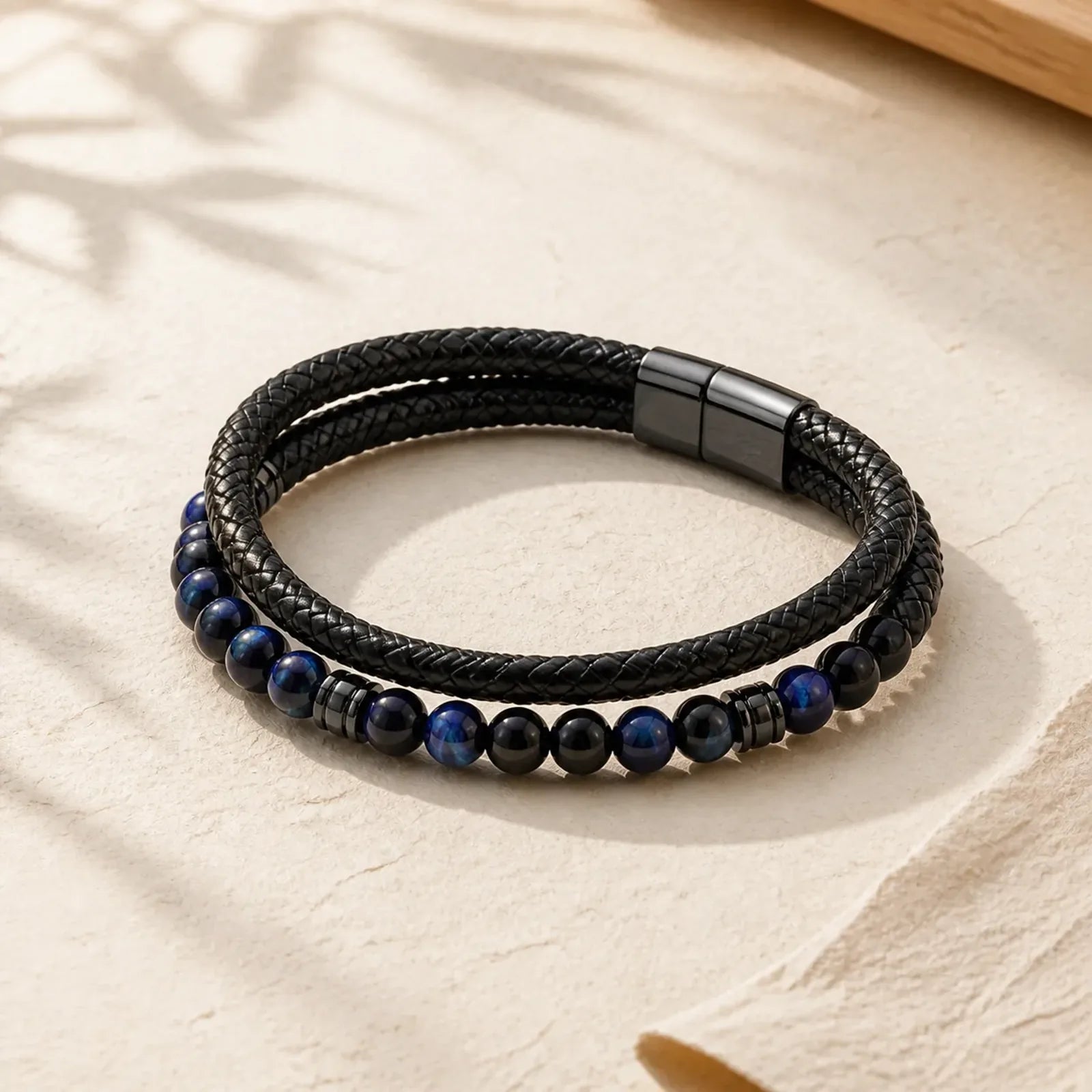 Tiger Eye Hematite Lava Rock Black Onyx Lazurite Lapis Lazuli Beads Protection Strength Leather Bracelet featuring Tiger Eye, Hematite, Lava Rock
