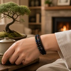 Tiger Eye Lava Rock Bead Braided Strength Leather Bracelet featuring Tiger Eye, Lava Rock, Green Tiger Eye
