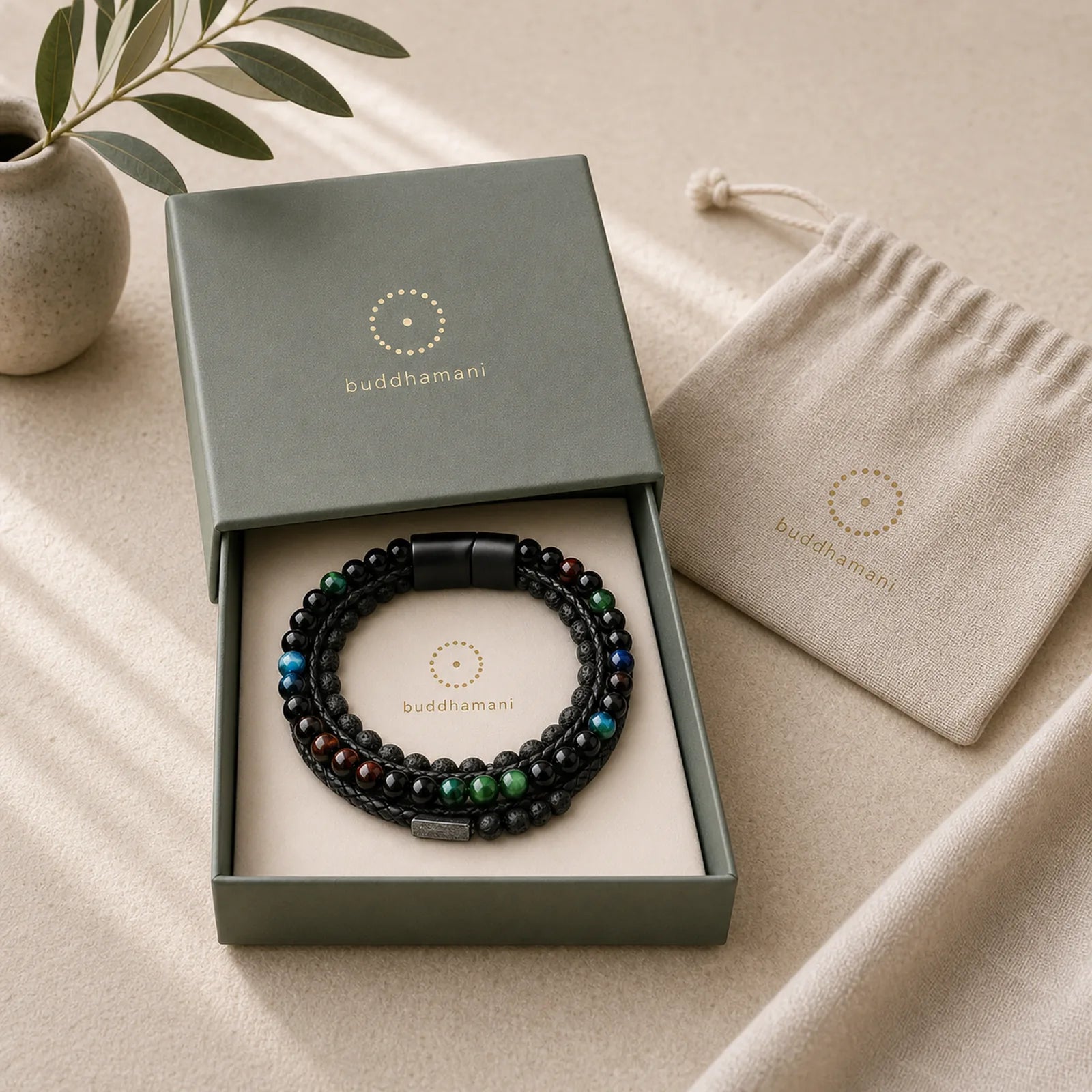 Tiger Eye Lava Rock Bead Braided Strength Leather Bracelet featuring Tiger Eye, Lava Rock, Green Tiger Eye