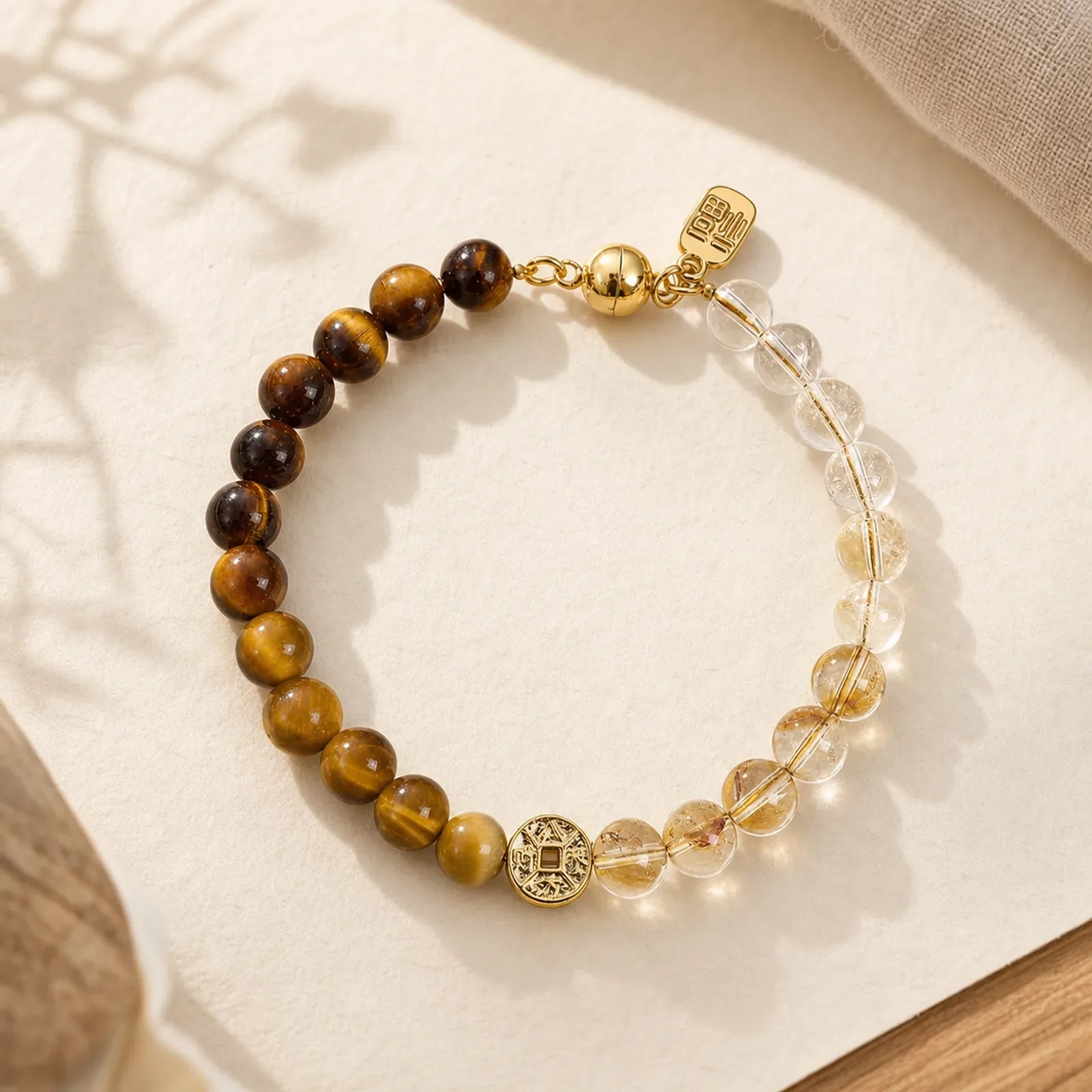 Tiger Eye Natural Stone Fu Character Copper Coins Happiness Bracelet featuring Tiger Eye, Fu Character, Copper
