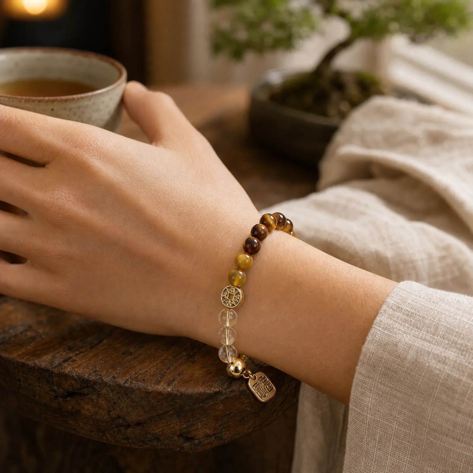 Tiger Eye Natural Stone Fu Character Copper Coins Happiness Bracelet featuring Tiger Eye, Fu Character, Copper