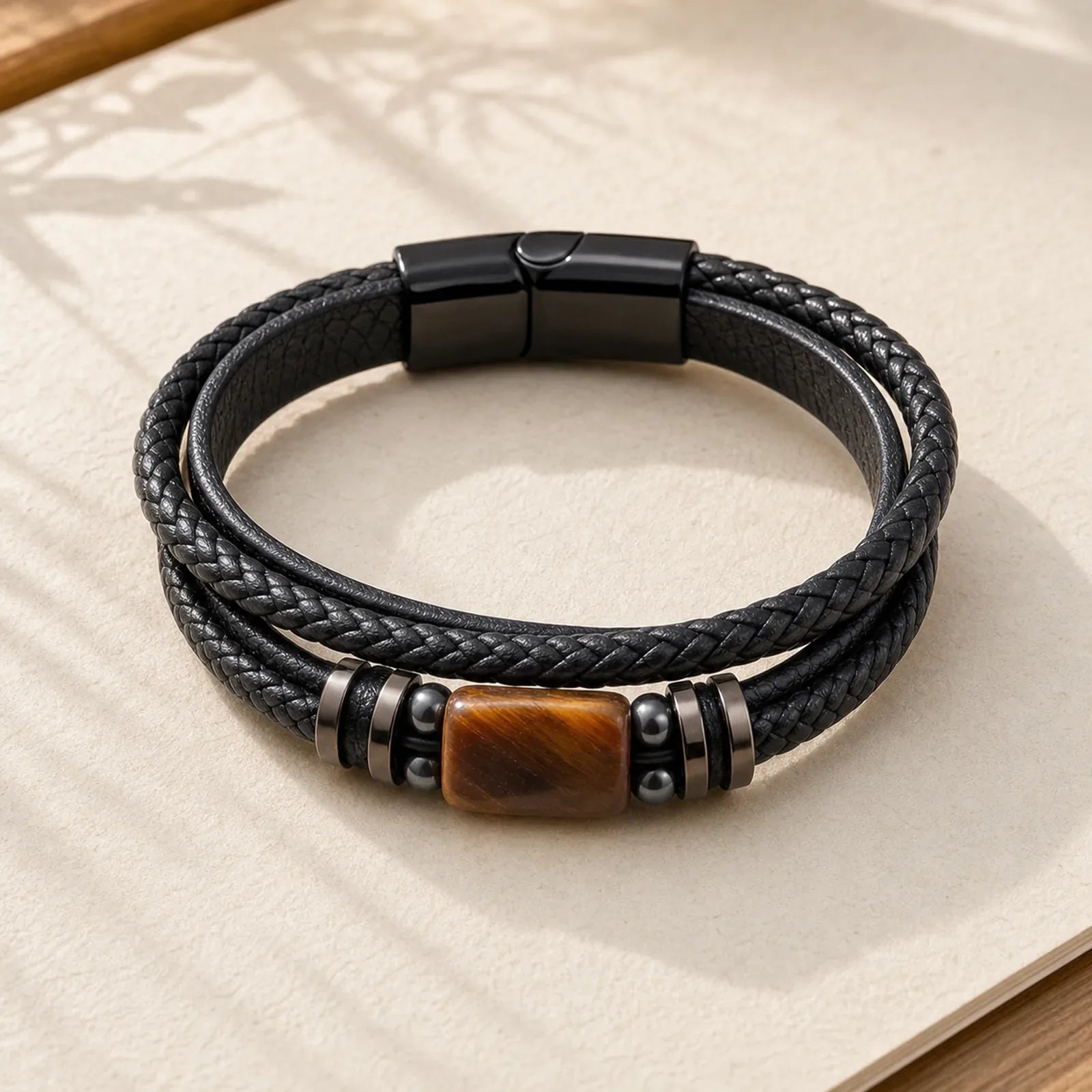 Tiger Eye Power Magnetic Buckle Multilayered Leather Bracelet featuring Tiger Eye