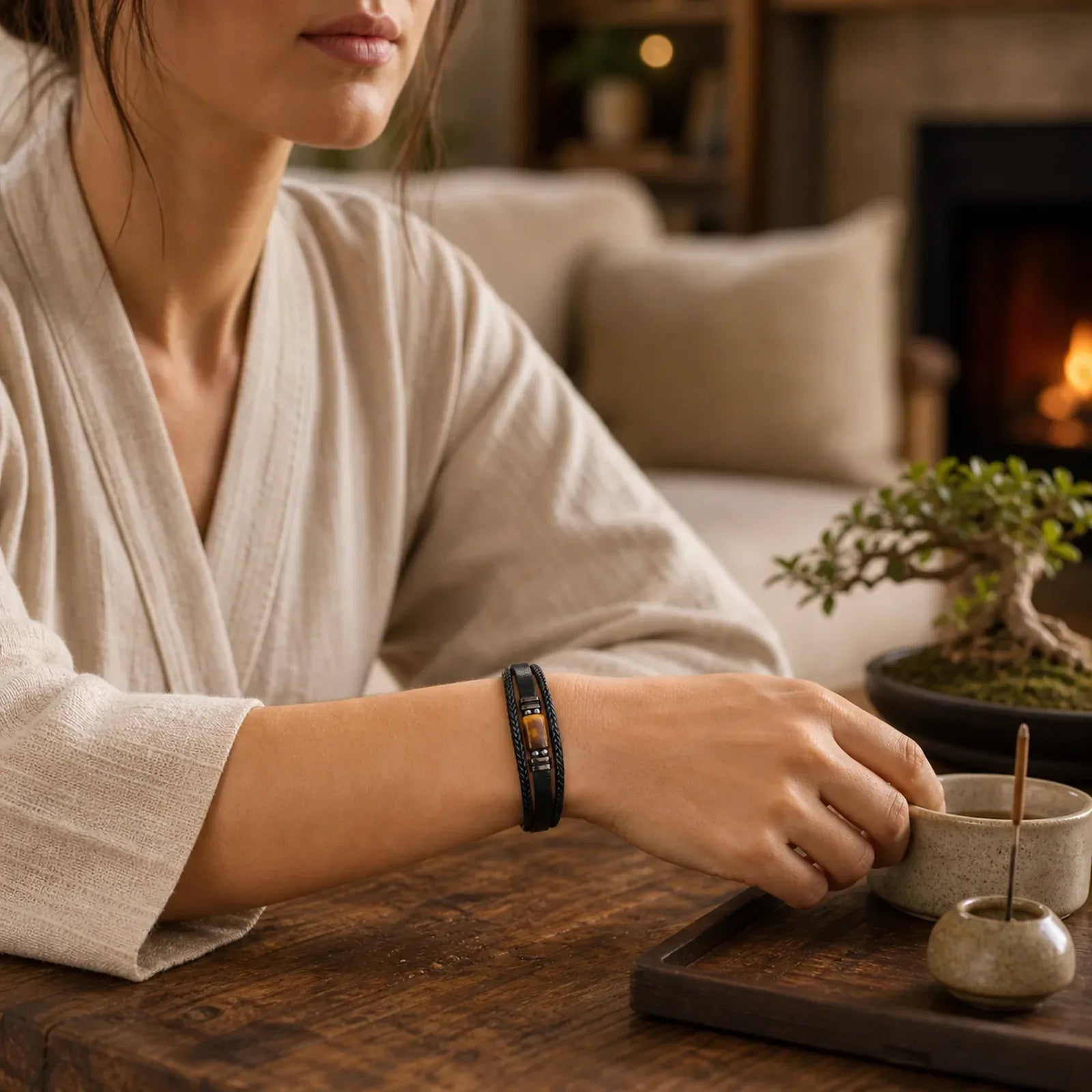 Tiger Eye Power Magnetic Buckle Multilayered Leather Bracelet featuring Tiger Eye