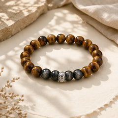 Tiger Eye Silver Sheen Obsidian Meditation Buddha Head Protection Bracelet featuring Tiger Eye, Silver, Silver Sheen Obsidian