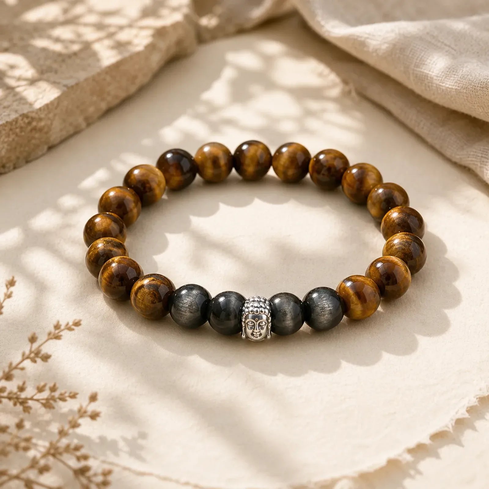Tiger Eye Silver Sheen Obsidian Meditation Buddha Head Protection Bracelet featuring Tiger Eye, Silver, Silver Sheen Obsidian