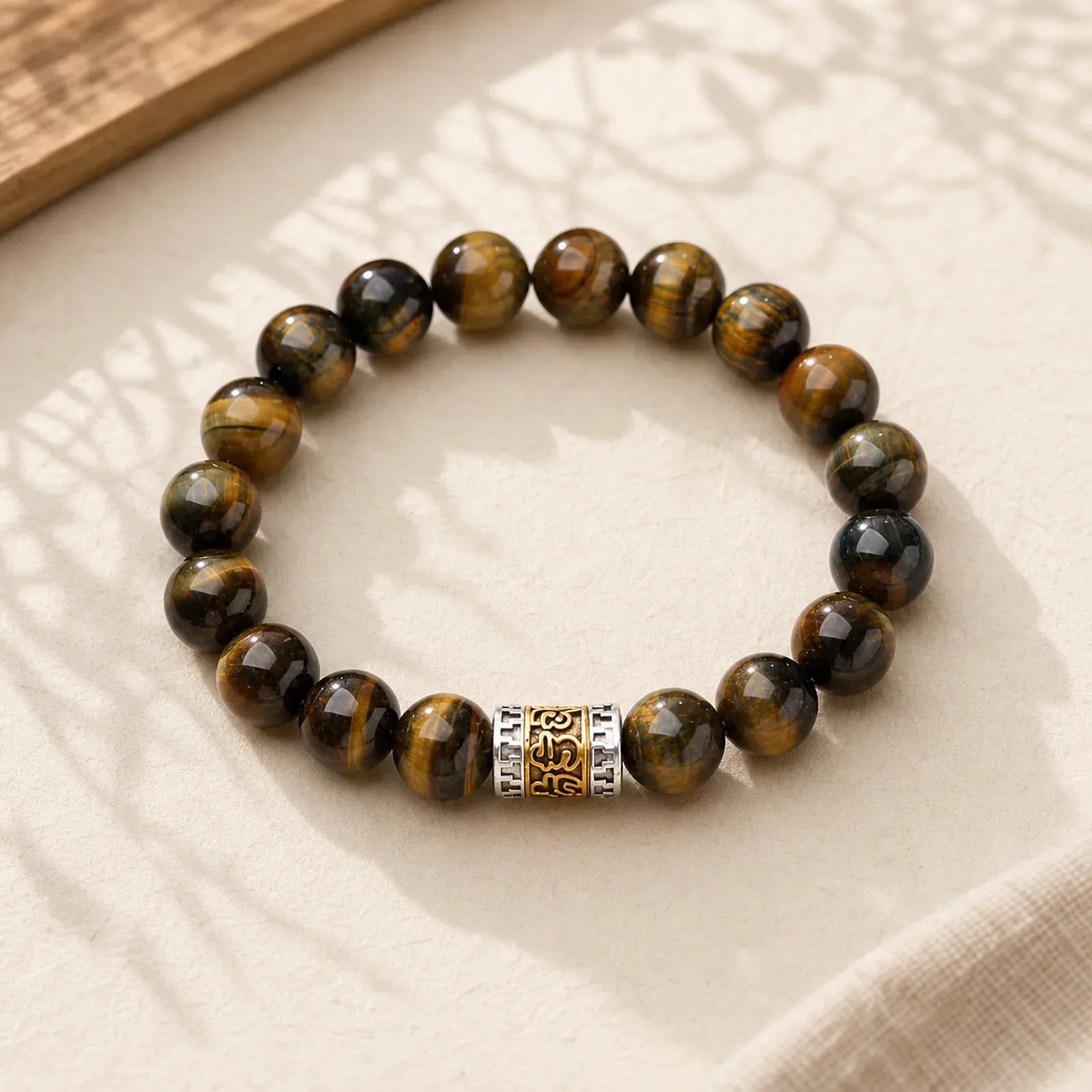 Tiger Eye Six True Words Courage Bracelet featuring Tiger Eye, Om, Six True Words (Om Mani Padme Hum)