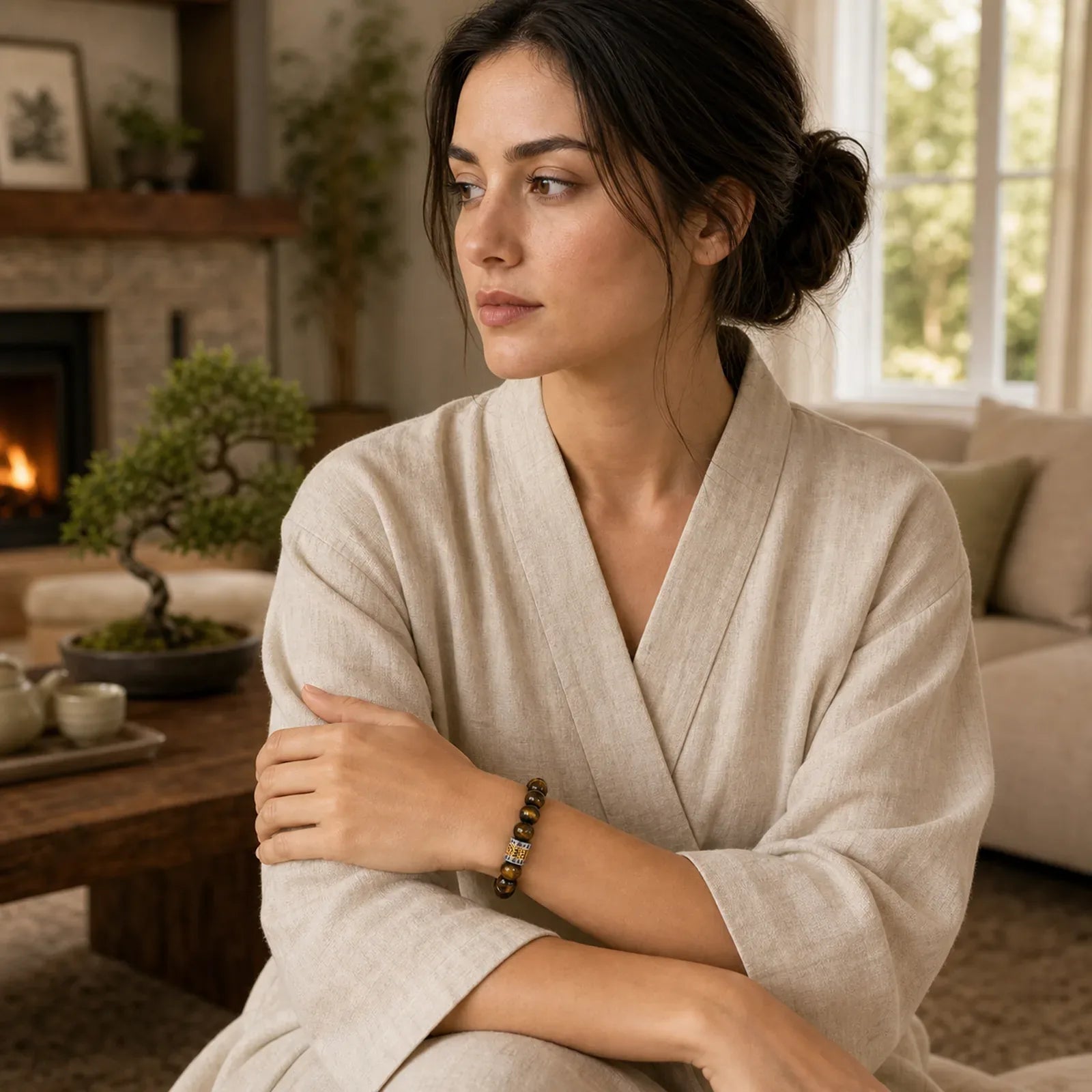 Tiger Eye Six True Words Courage Bracelet featuring Tiger Eye, Om, Six True Words (Om Mani Padme Hum)
