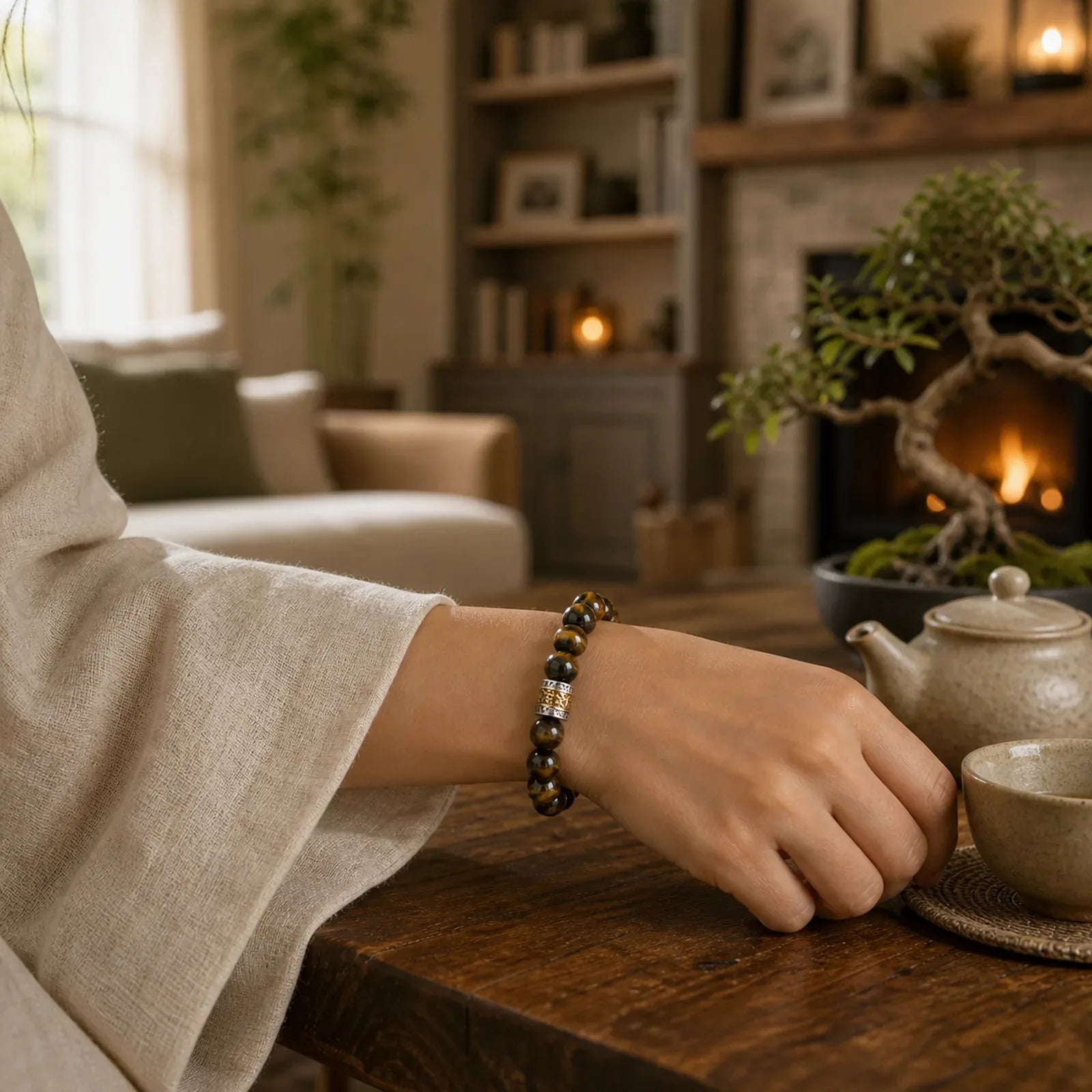 Tiger Eye Six True Words Courage Bracelet featuring Tiger Eye, Om, Six True Words (Om Mani Padme Hum)