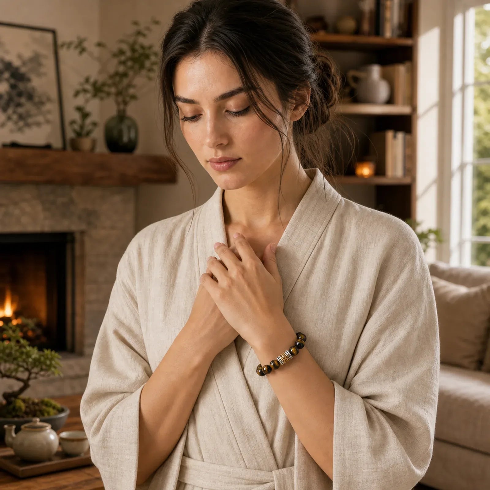 Tiger Eye Six True Words Courage Bracelet featuring Tiger Eye, Om, Six True Words (Om Mani Padme Hum)