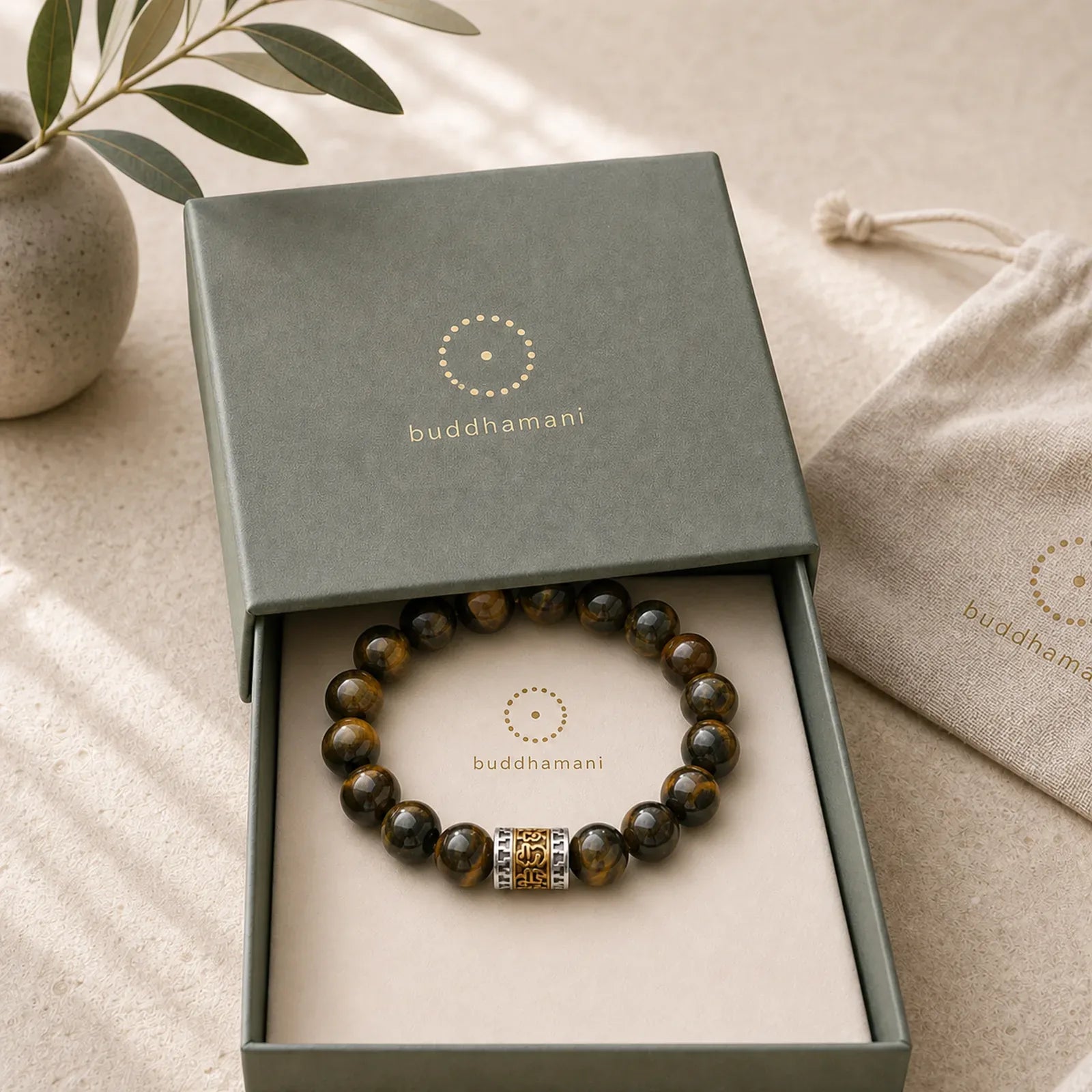 Tiger Eye Six True Words Courage Bracelet featuring Tiger Eye, Om, Six True Words (Om Mani Padme Hum)