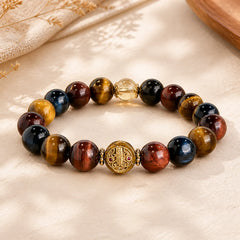 Tiger Eye Stone Beads Protection Courage Bracelet featuring Tiger Eye, Lava Rock