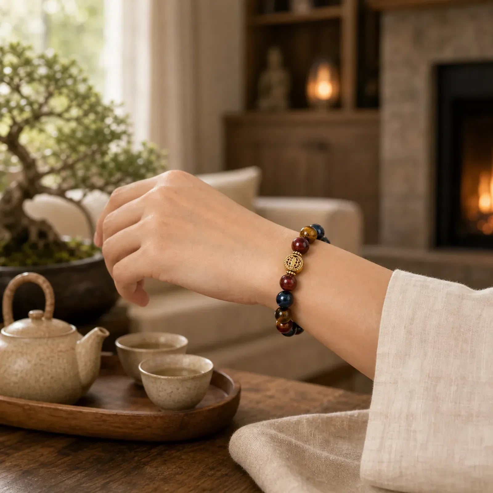Tiger Eye Stone Beads Protection Courage Bracelet featuring Tiger Eye, Lava Rock