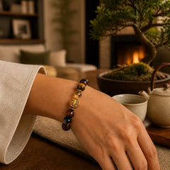 Tiger Eye Stone Beads Protection Courage Bracelet featuring Tiger Eye, Lava Rock