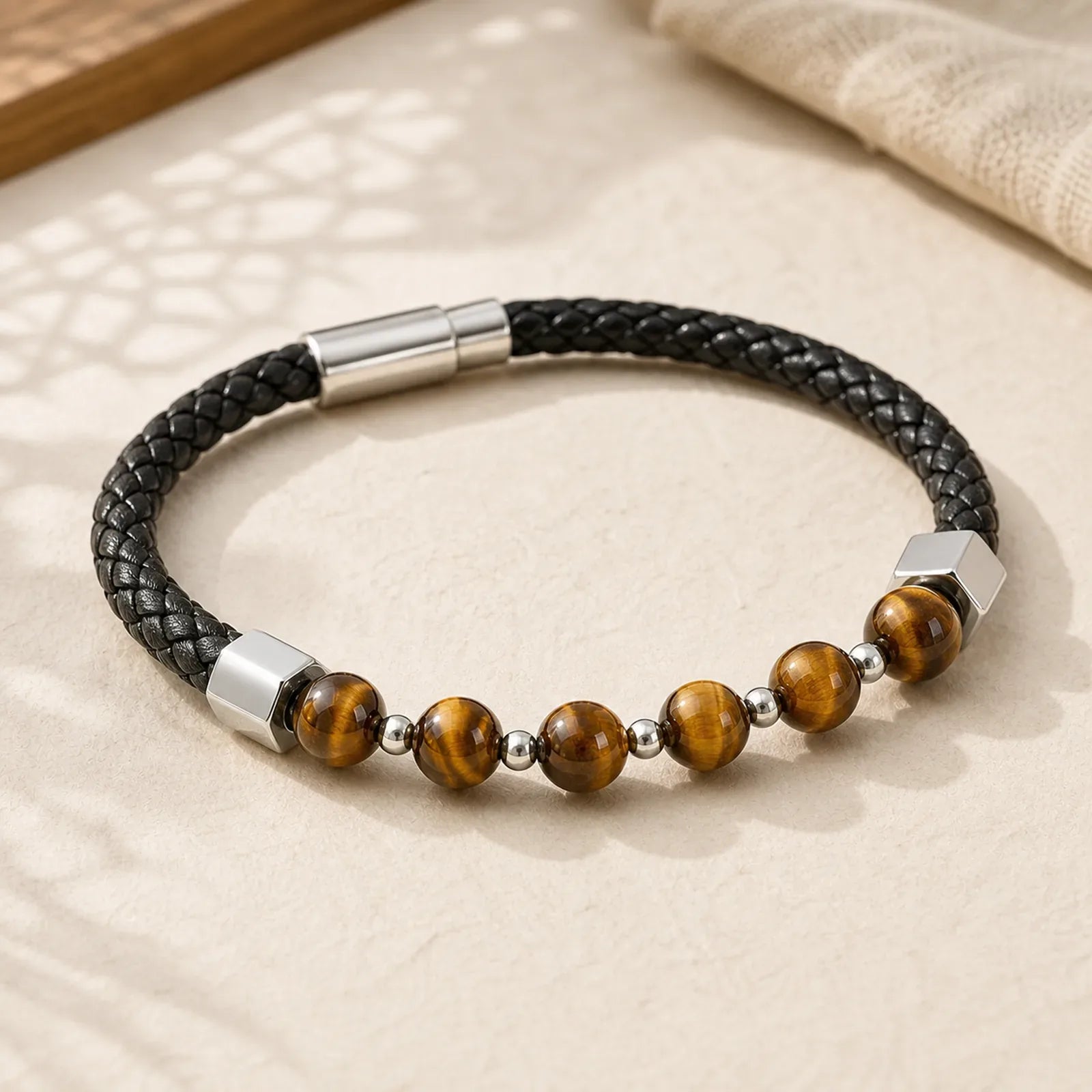 Tiger Eye Titanium Steel Courage Balance Leather Bracelet featuring Tiger Eye, Titanium Steel
