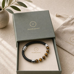 Tiger Eye Titanium Steel Courage Balance Leather Bracelet featuring Tiger Eye, Titanium Steel