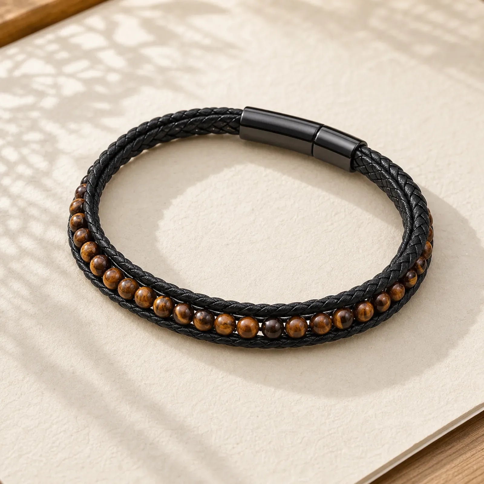 Tiger Eye Titanium Steel Protection Strengthen Leather Bracelet featuring Tiger Eye, Titanium Steel