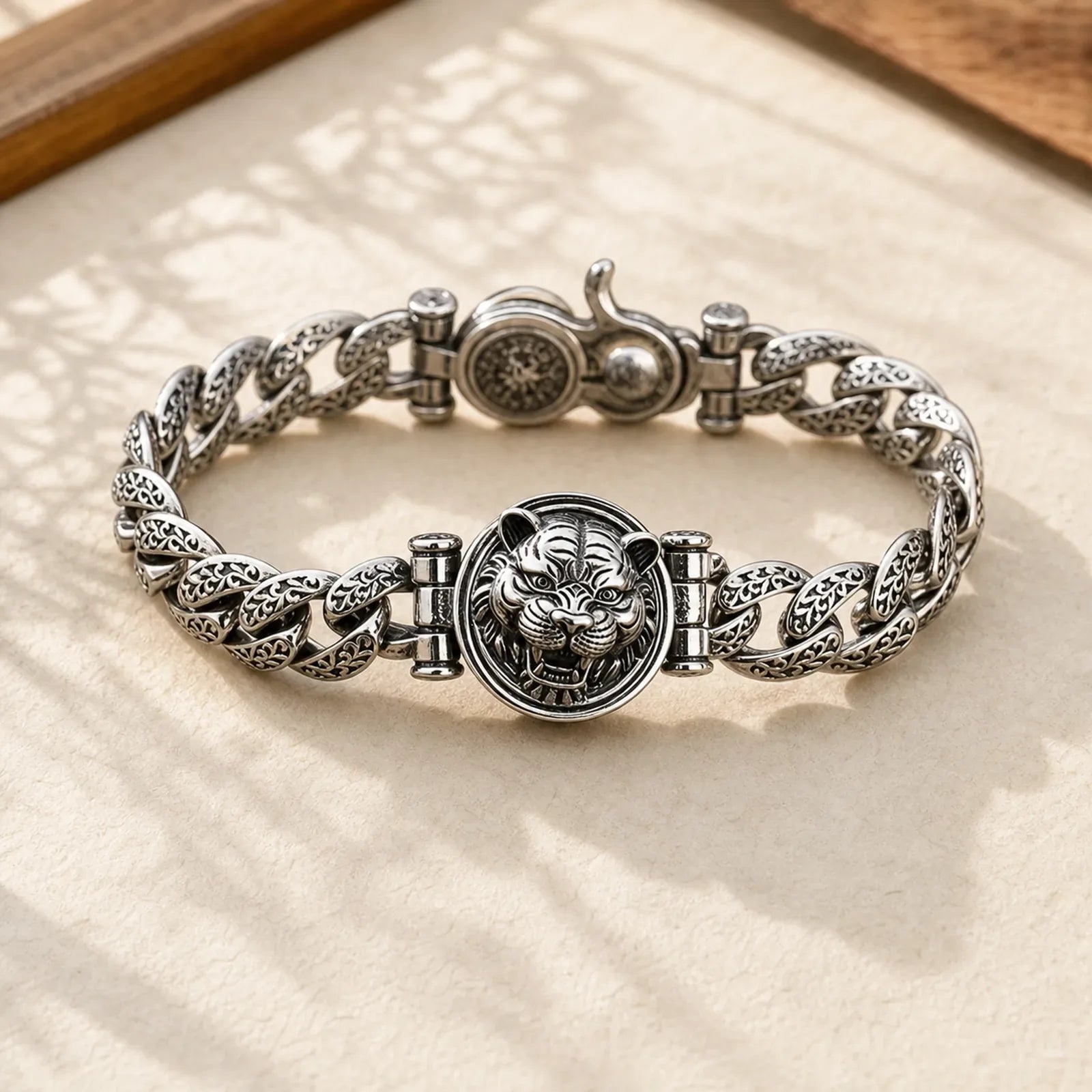 Tiger Tang Dynasty Flower Design Engraved Luck Energy Bracelet featuring Tang Dynasty Flower Design, Lotus, Copper