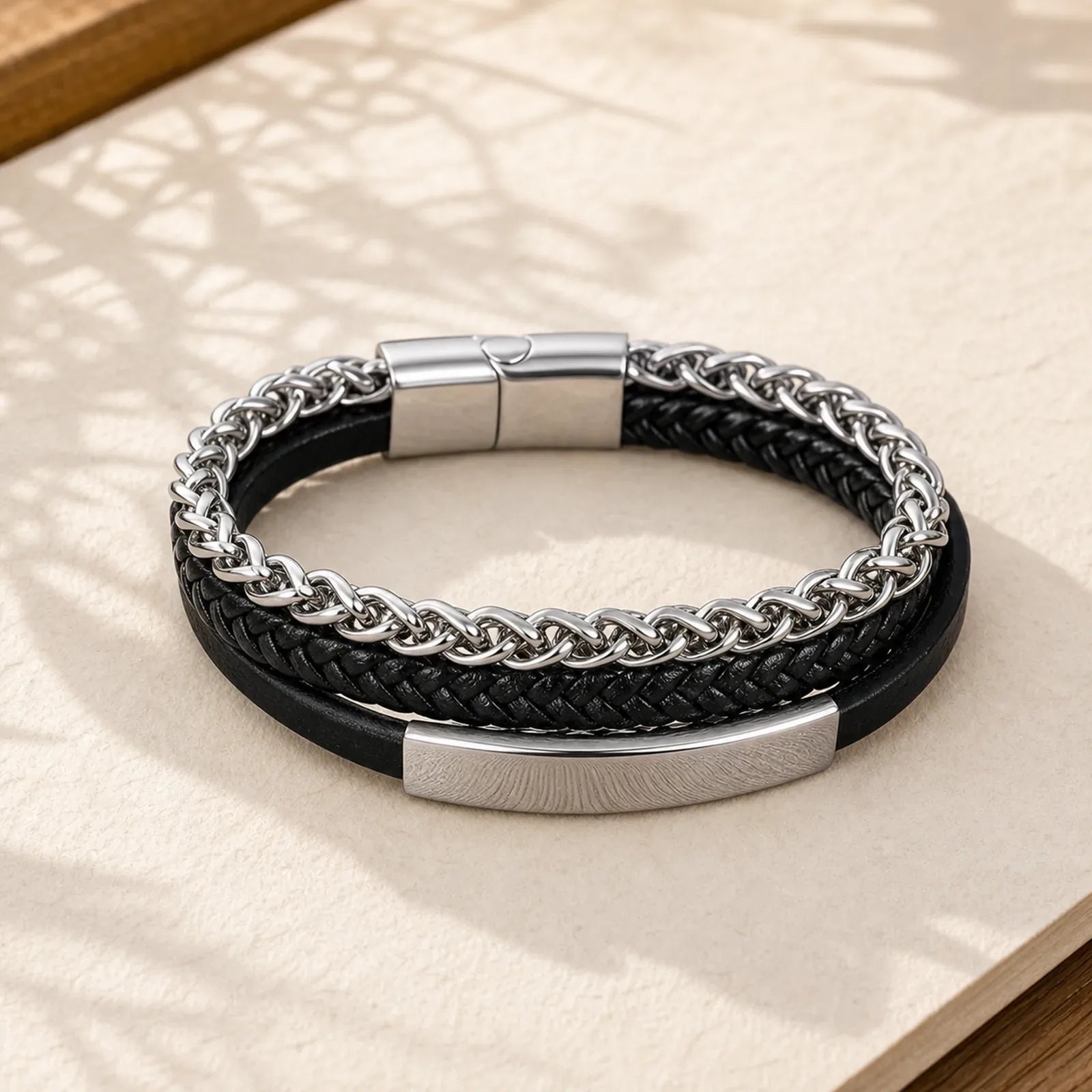 Titanium Steel Balance Calm Leather Woven Bracelet featuring Titanium Steel