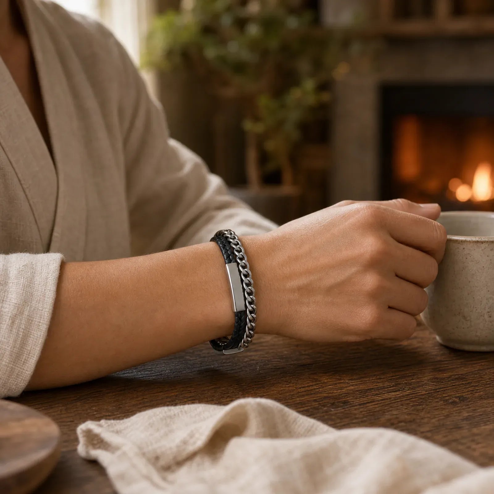Titanium Steel Balance Calm Leather Woven Bracelet featuring Titanium Steel