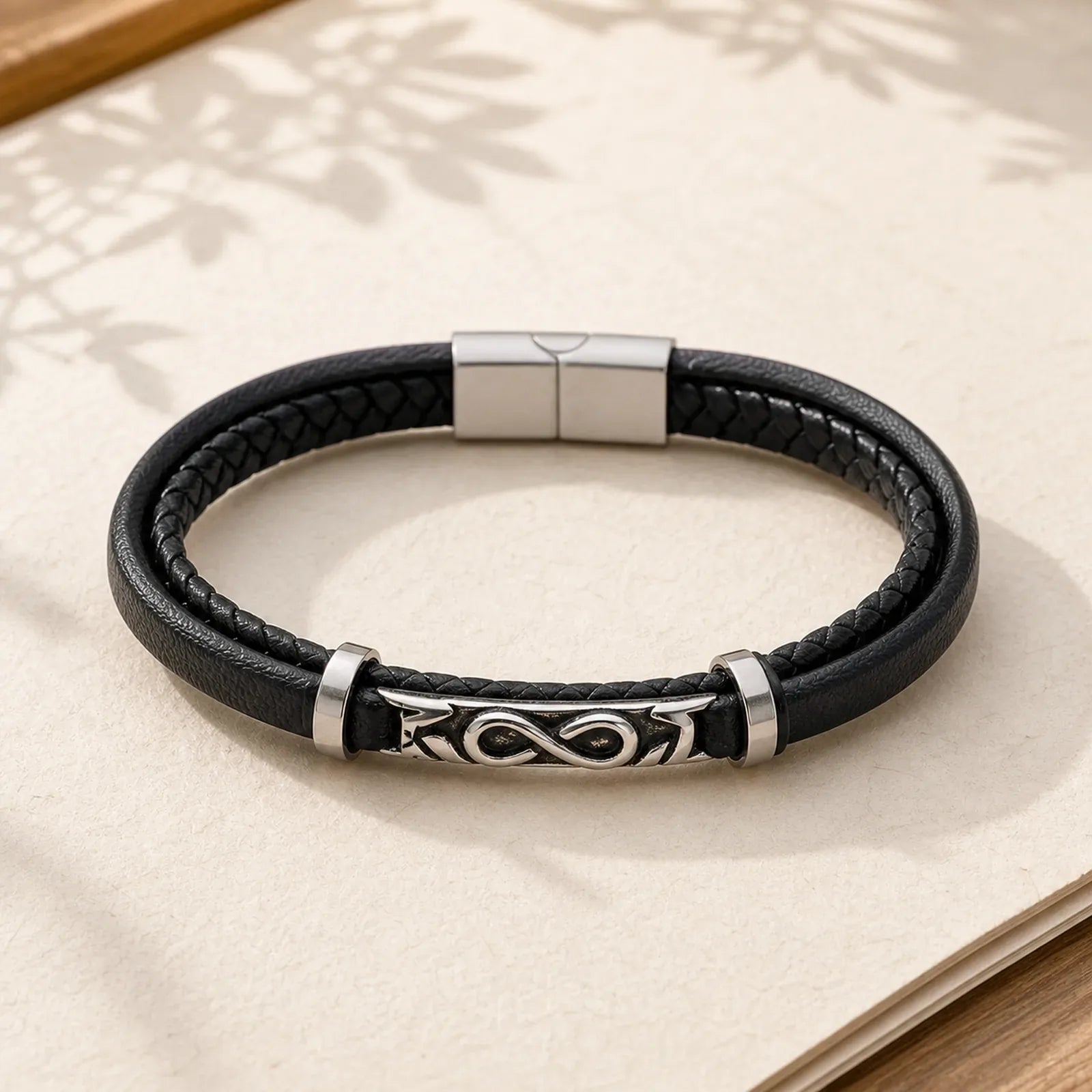 Titanium Steel Balance Multi-Layered Leather Figure-Eight Bracelet featuring Titanium Steel