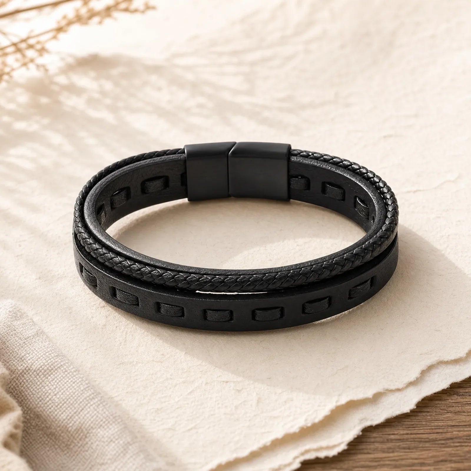 Titanium Steel Buckle Multilayered Braided Leather Calm Bracelet featuring Titanium Steel