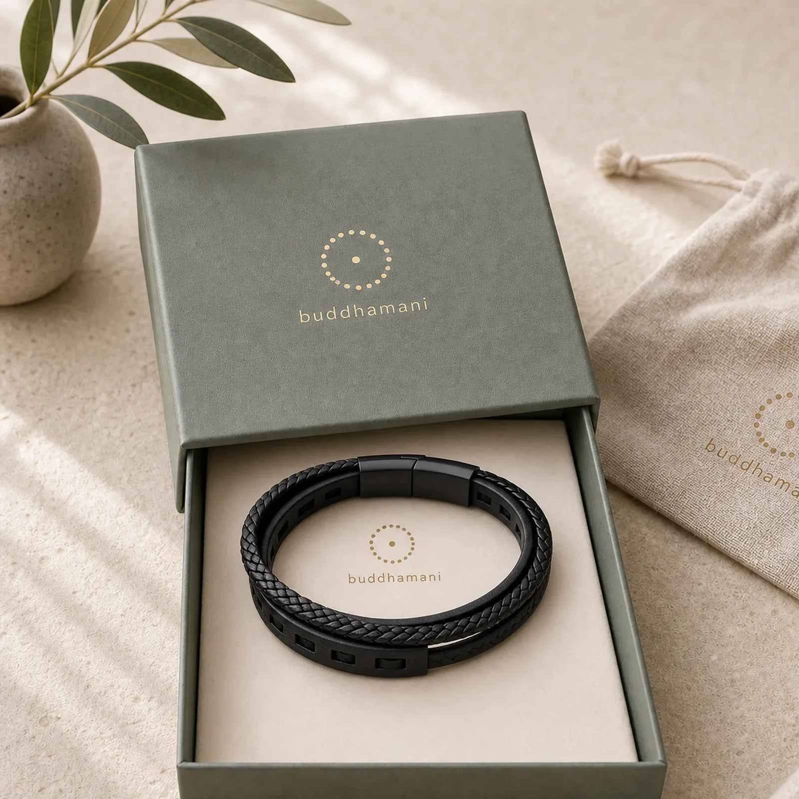 Titanium Steel Buckle Multilayered Braided Leather Calm Bracelet featuring Titanium Steel