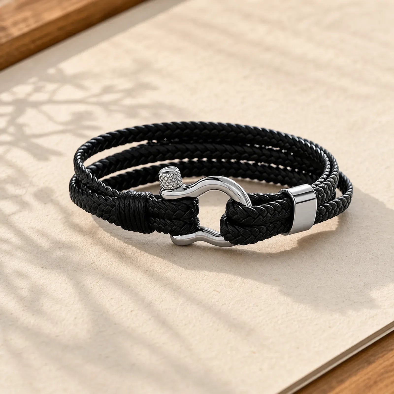 Titanium Steel Shackle Braided Leather Calm Bracelet featuring Titanium Steel, Horse