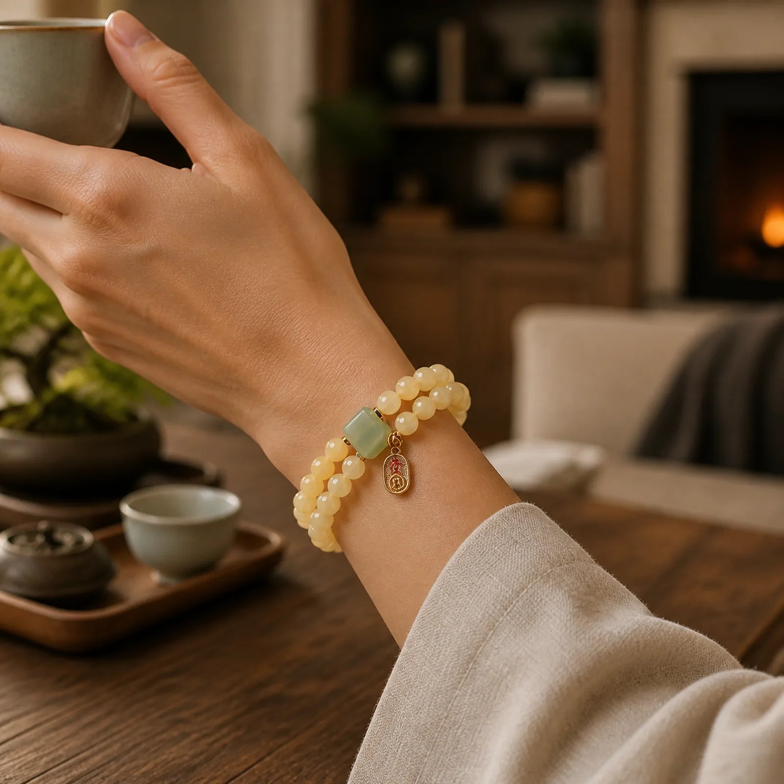 Topaz Beads Jade Cube Double Circle Wealth Bracelet featuring Topaz, Jade, Copper