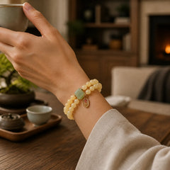 Topaz Beads Jade Cube Double Circle Wealth Bracelet featuring Topaz, Jade, Copper