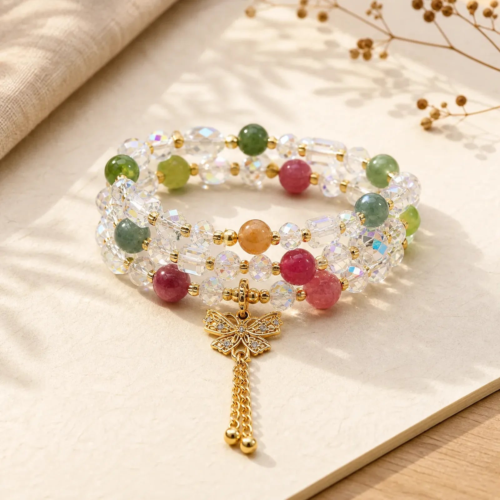 Tourmaline Butterfly Pendant Transformation Three Layer Faceted Faceted Bracelet featuring Tourmaline, Butterfly, Feng Shui Butterfly