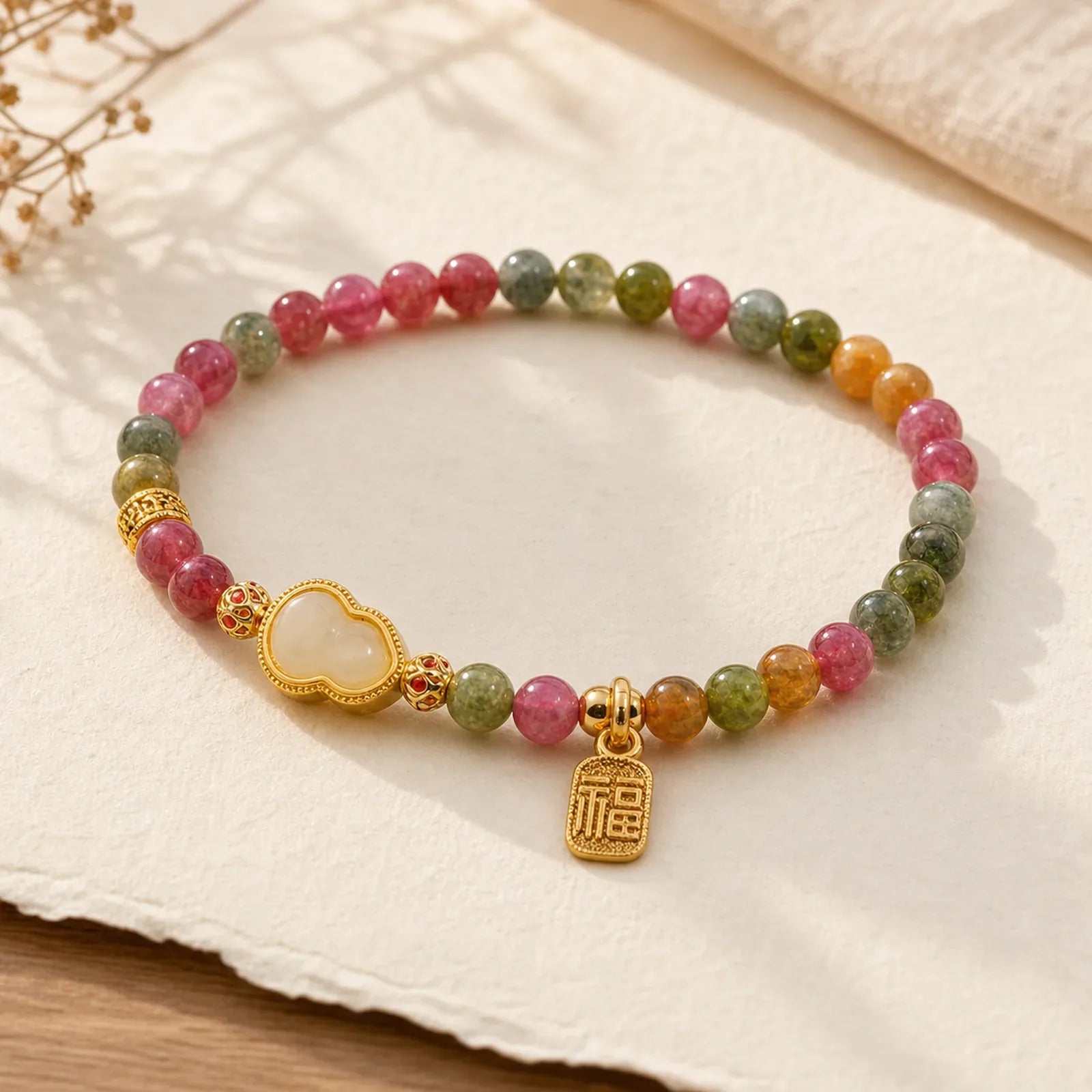 Tourmaline Colorful Stone Fu Character Positive Bracelet featuring Tourmaline, Fu Character