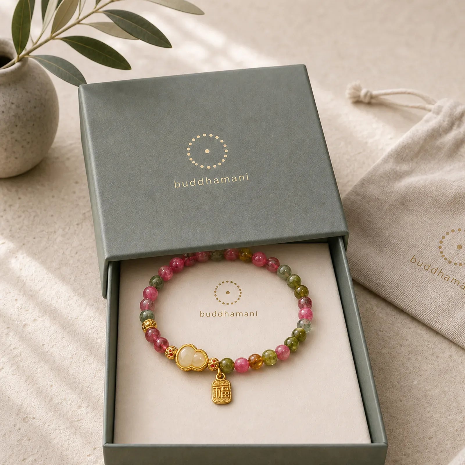 Tourmaline Colorful Stone Fu Character Positive Bracelet featuring Tourmaline, Fu Character