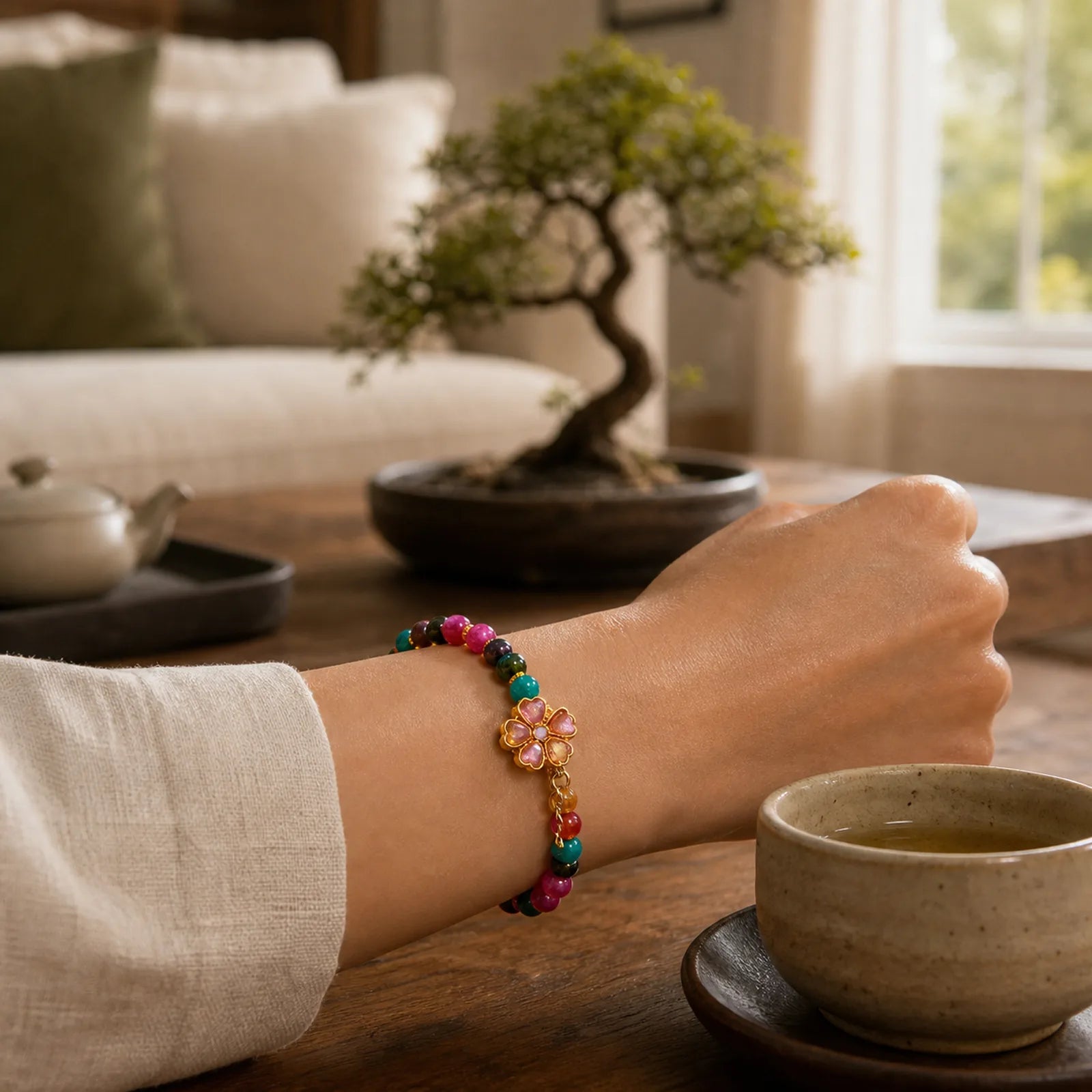 Tourmaline Four Leaf Clover Flower Love Bracelet featuring Tourmaline, Copper