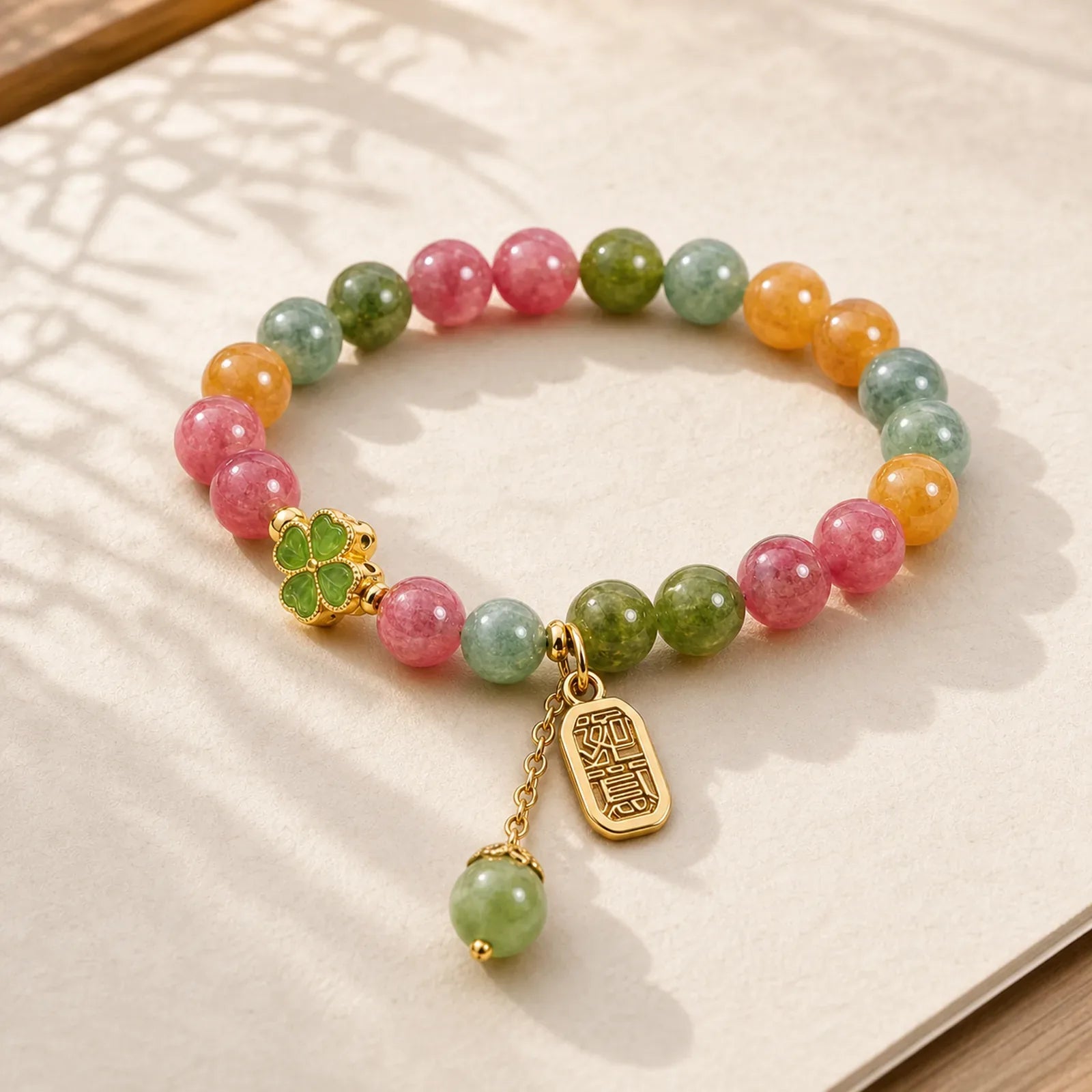 Tourmaline Jade Colorful Four-leaf Clover Positive Bracelet featuring Tourmaline, Jade