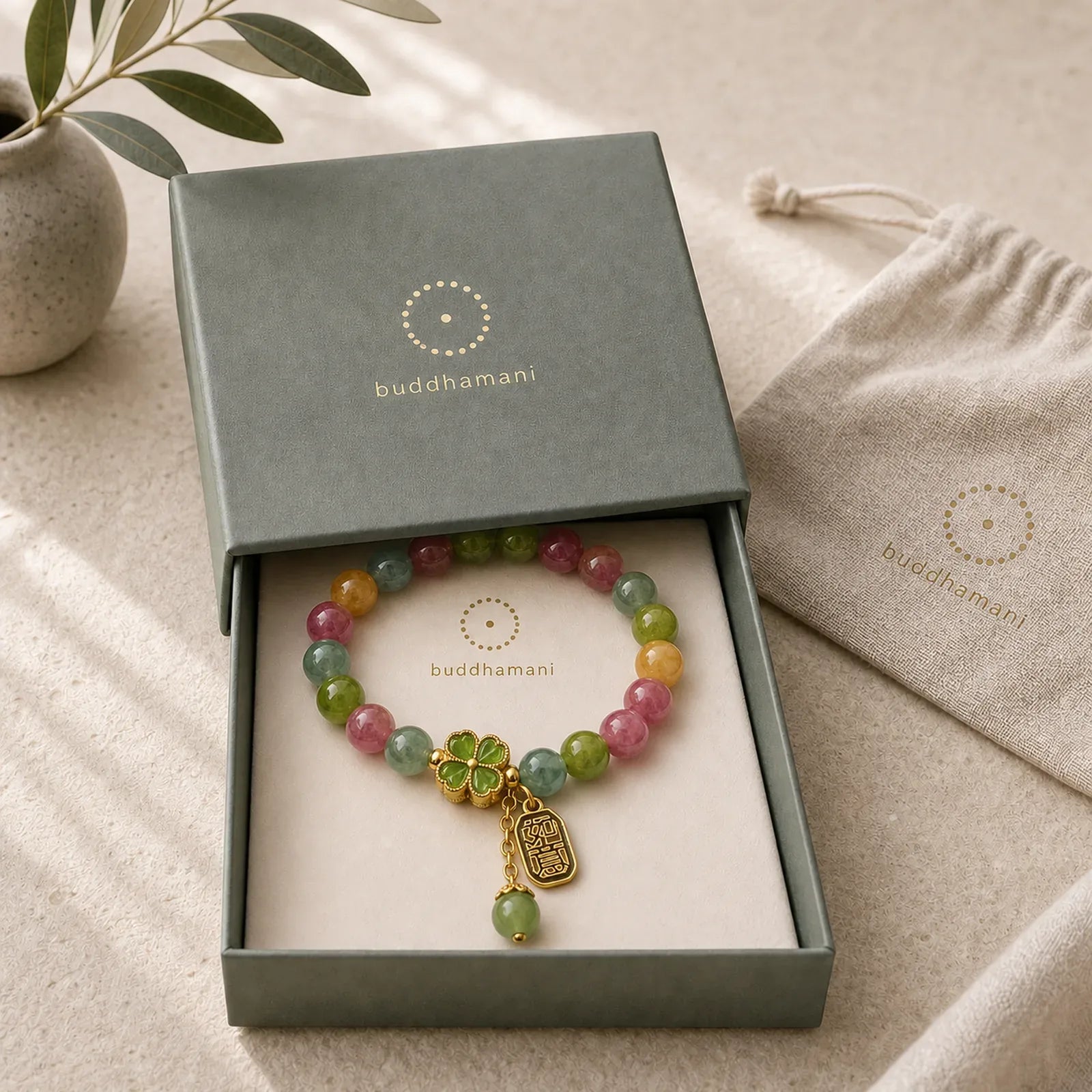Tourmaline Jade Colorful Four-leaf Clover Positive Bracelet featuring Tourmaline, Jade