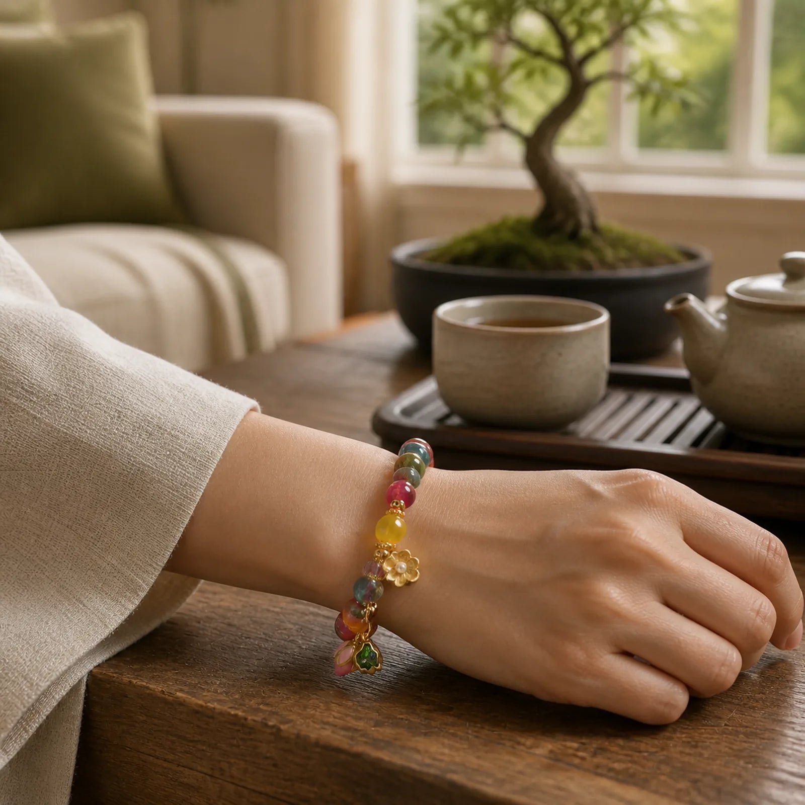 Tourmaline Lotus Seedpod Wisdom Bracelet featuring Tourmaline, Lotus, Lotus Symbol