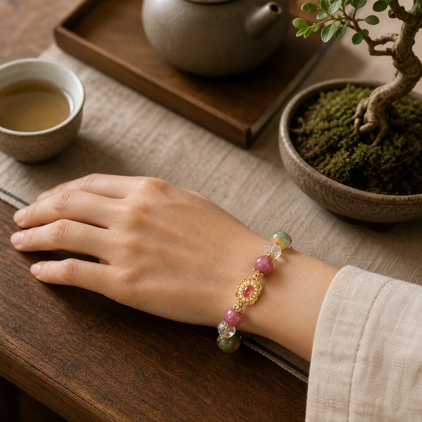 Tourmaline Pearl Pink Crystal White Crystal Wisdom Bracelet featuring Tourmaline, Pearl, Pink Crystal