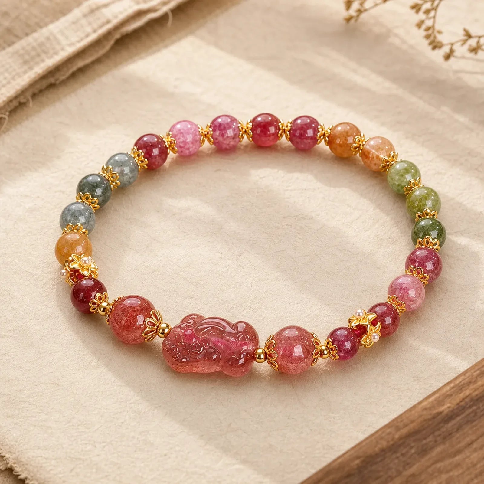 Tourmaline Strawberry Quartz Pink Crystal PIXIU Love Bracelet featuring Tourmaline, Strawberry Quartz, Pink Crystal