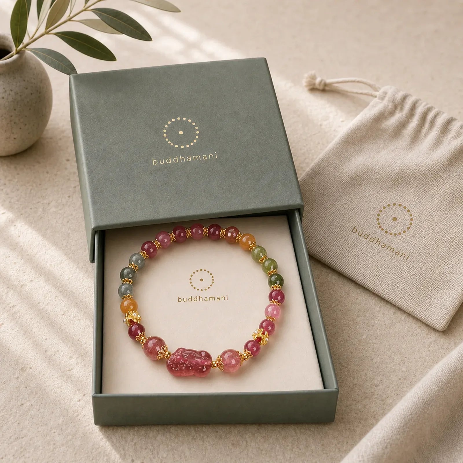 Tourmaline Strawberry Quartz Pink Crystal PIXIU Love Bracelet featuring Tourmaline, Strawberry Quartz, Pink Crystal