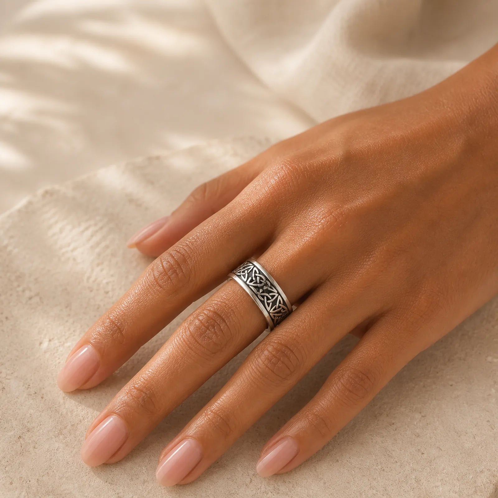 Triangle Knot Triquetra Titanium Steel Calm Rotatable Ring featuring Triquetra, Titanium Steel